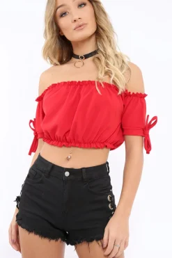 Rebellious Fashion Red Ruched Bardot Gypsy Crop Top - Janette