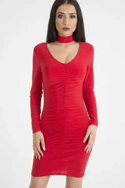 Rebellious Fashion Red Ruched Choker Bodycon Dress - Primrose