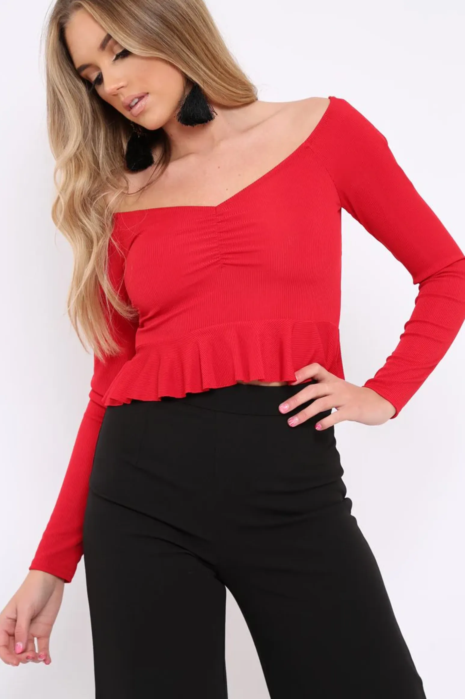 Rebellious Fashion Red Ruched Front Ribbed Crop Top with Frill Hem - Samantha