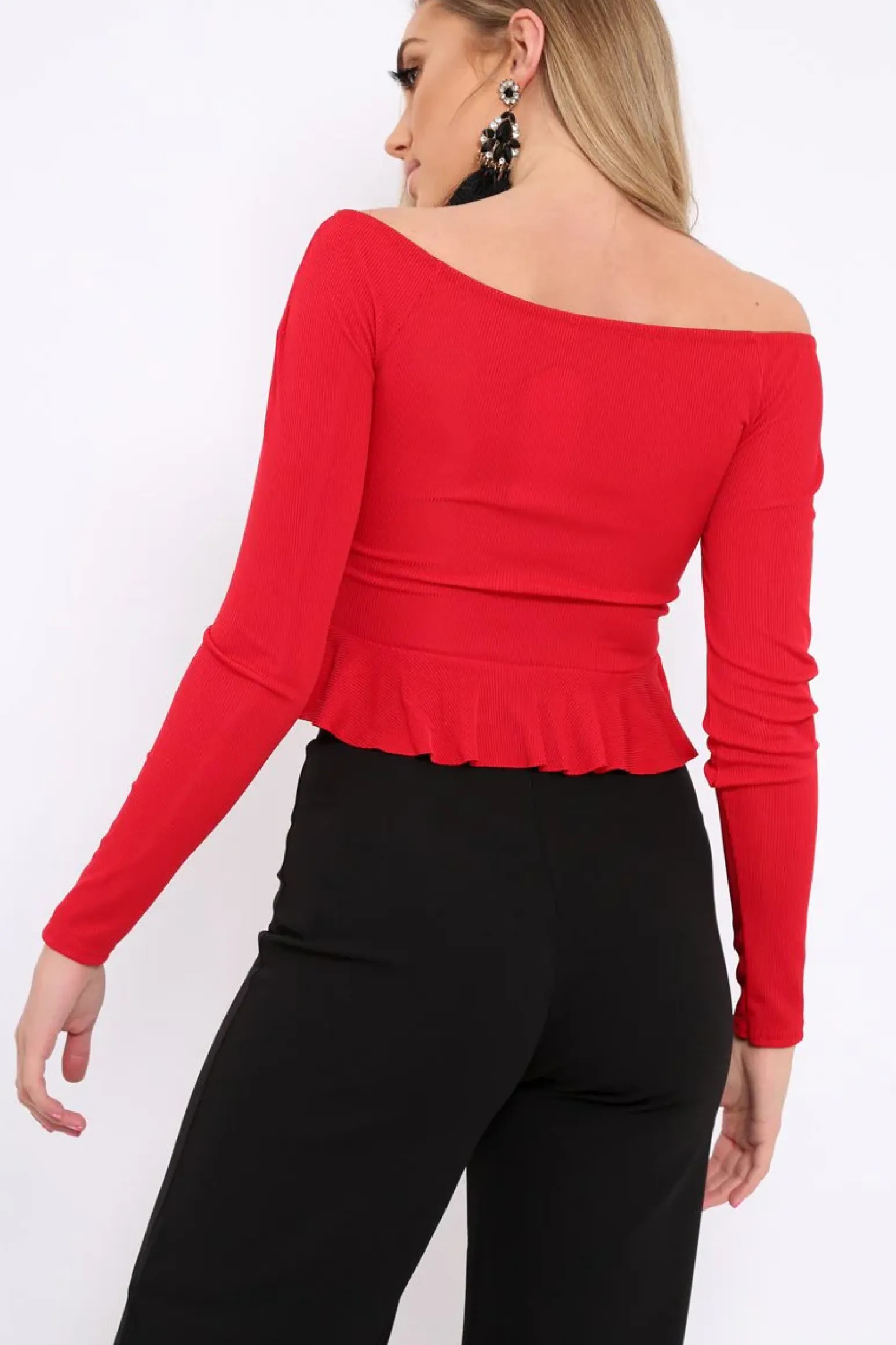 Rebellious Fashion Red Ruched Front Ribbed Crop Top with Frill Hem - Samantha