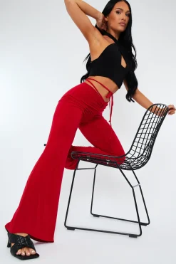 Rebellious Fashion Red Ruched Front Tie Waist Slinky Trousers - Hava
