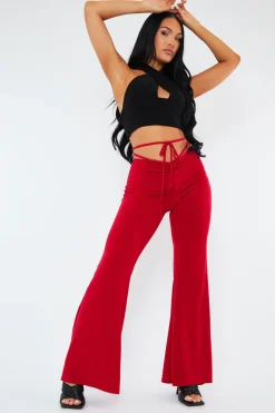 Rebellious Fashion Red Ruched Front Tie Waist Slinky Trousers - Hava