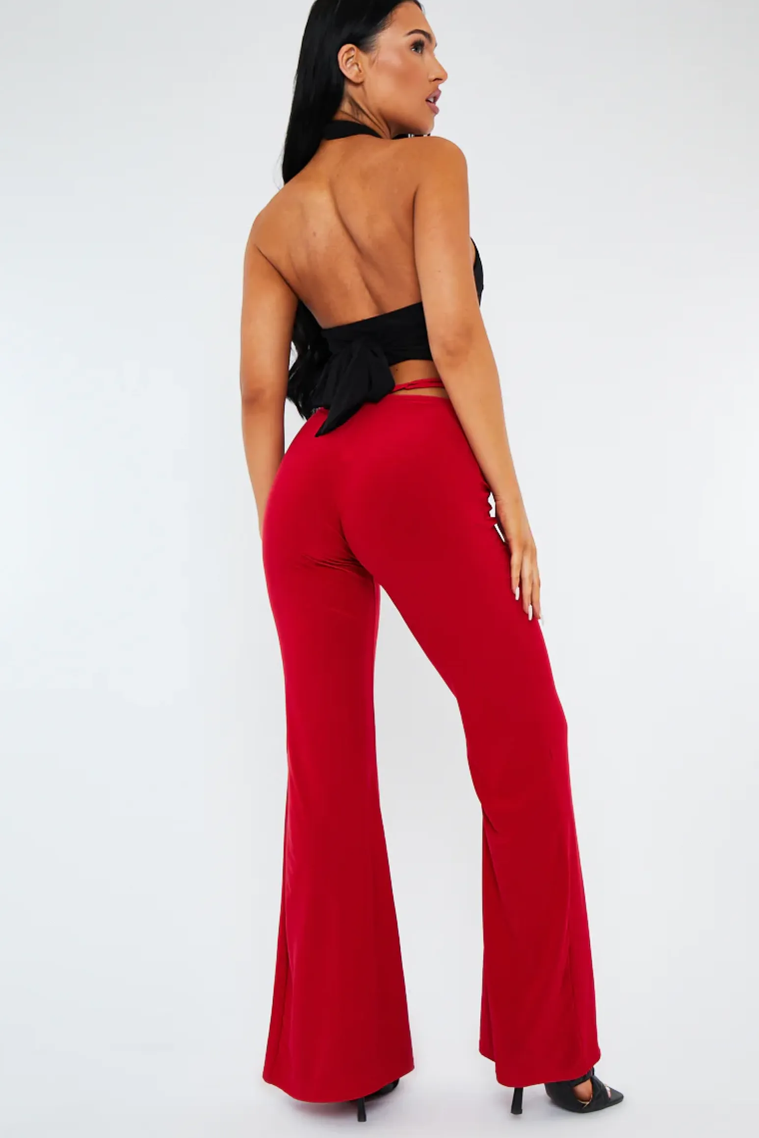 Rebellious Fashion Red Ruched Front Tie Waist Slinky Trousers - Hava