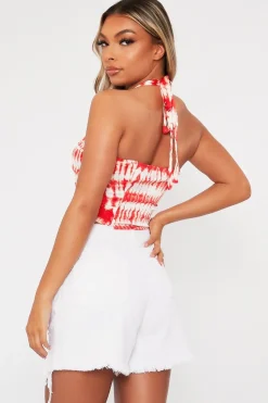 Rebellious Fashion Red Ruched Tie Dye Tie Neck Crop Top - Joyce