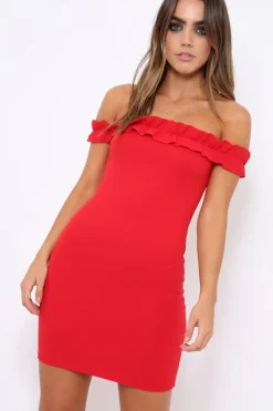 Rebellious Fashion Red Ruffle Bardot Bodycon Dress - Mollie