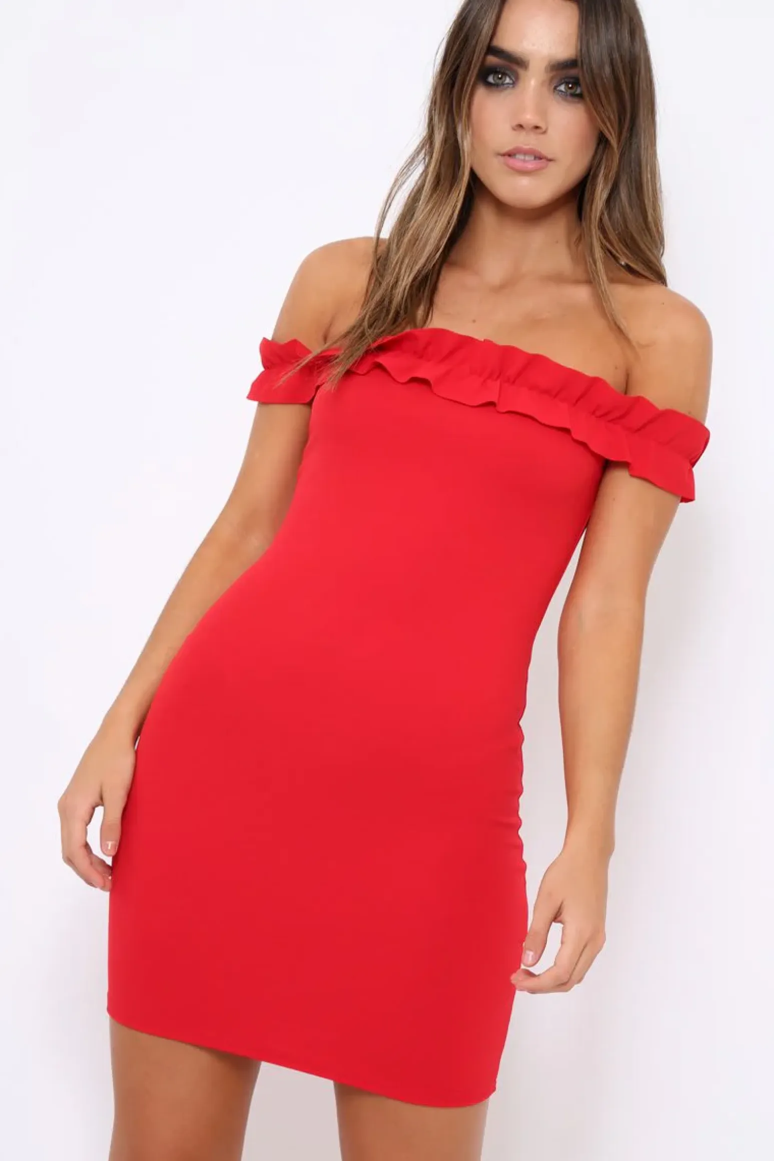 Rebellious Fashion Red Ruffle Bardot Bodycon Dress - Mollie