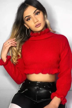 Rebellious Fashion Red Ruffle Hem Chunky Knit Crop Jumper - Alannah
