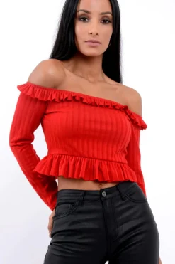 Rebellious Fashion Red Ruffle Hem Ribbed Bardot Crop Top - Kaitlyn
