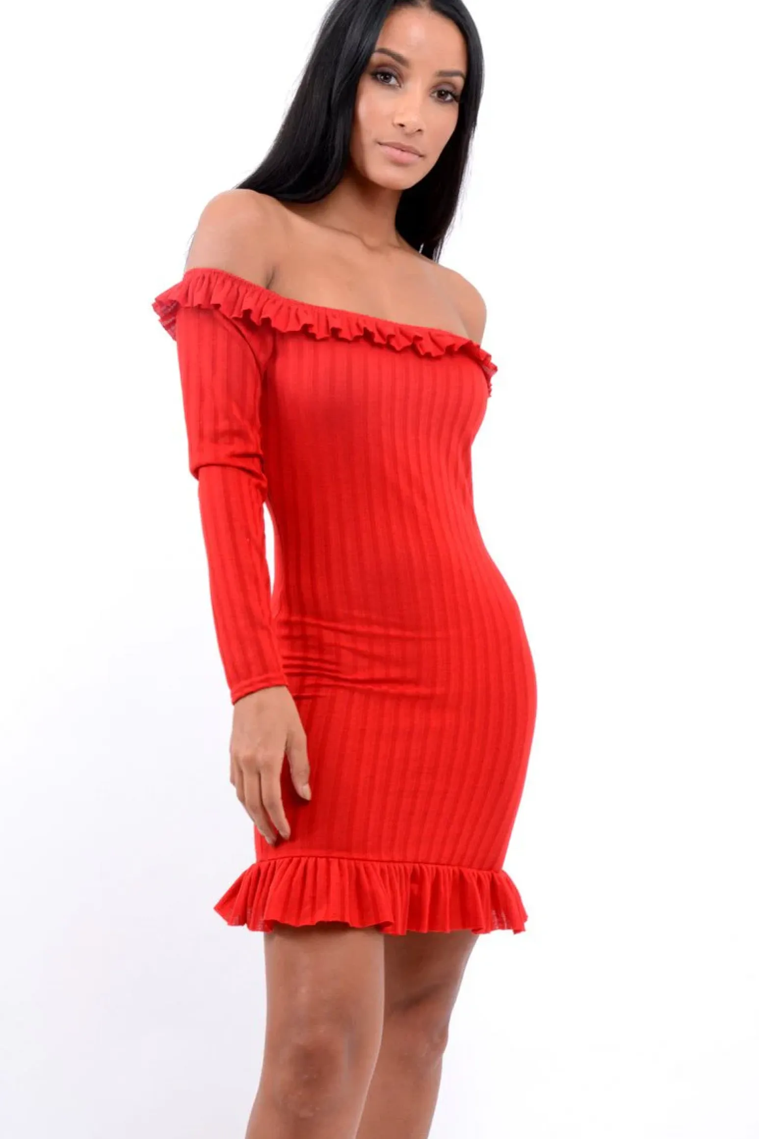 Rebellious Fashion Red Ruffle Hem Ribbed Bardot Mini Dress - Destiny
