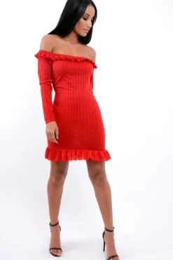 Rebellious Fashion Red Ruffle Hem Ribbed Bardot Mini Dress - Destiny