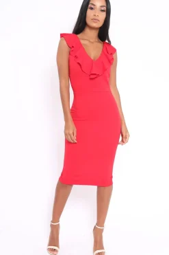 Rebellious Fashion Red Ruffle Plunge Neck Dress - Damara