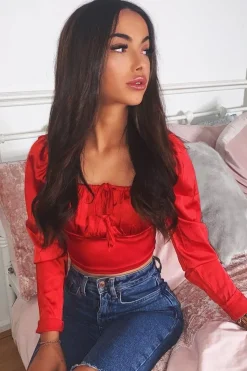 Rebellious Fashion Red Satin Bow Front Milkmaid Crop Top - Elsy