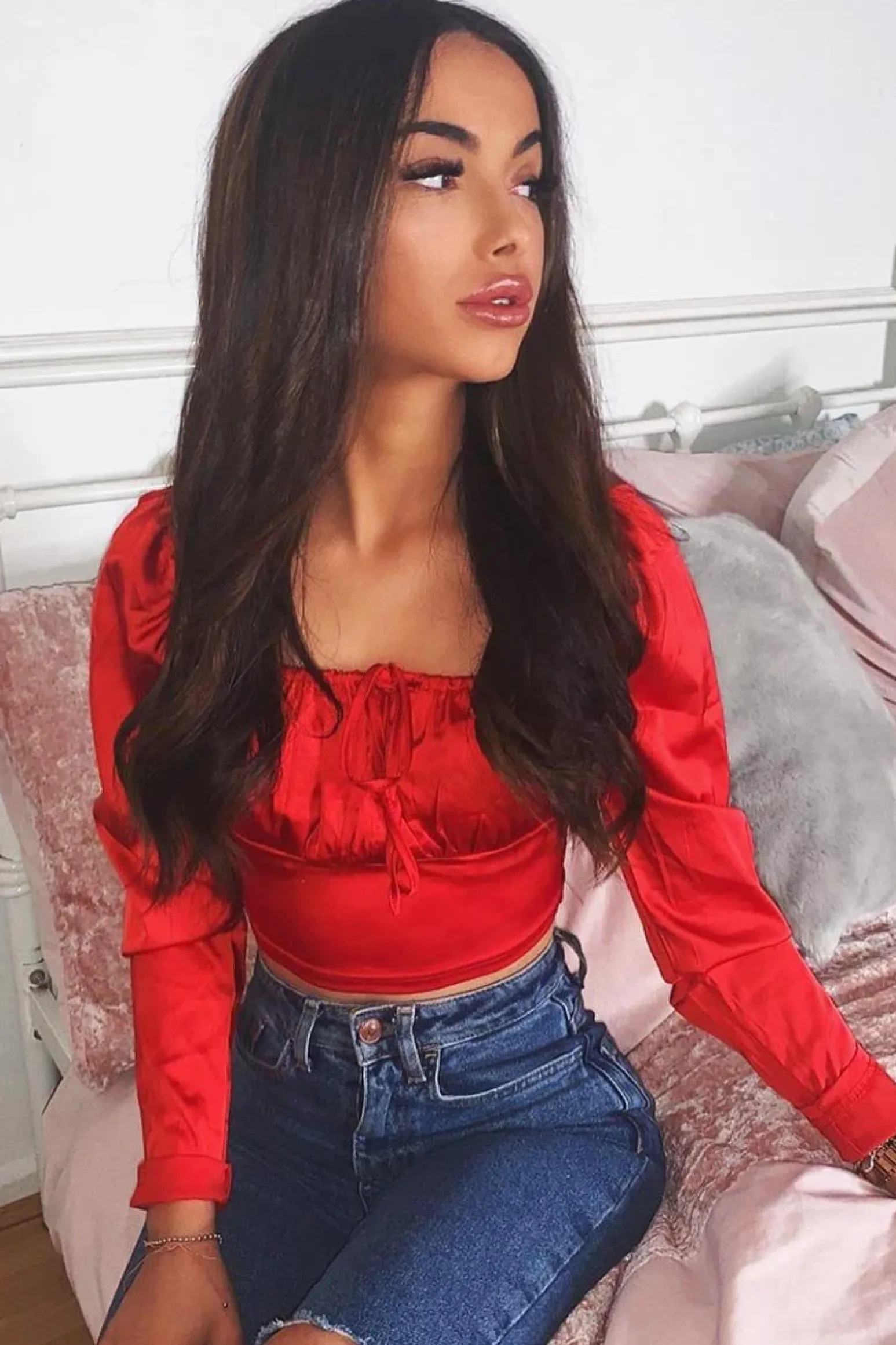 Rebellious Fashion Red Satin Bow Front Milkmaid Crop Top - Elsy