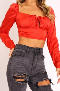 Rebellious Fashion Red Satin Bow Front Milkmaid Crop Top - Elsy