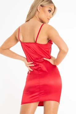 Rebellious Fashion Red Satin Fold Over Cami Strap Mini Dress - Zelda