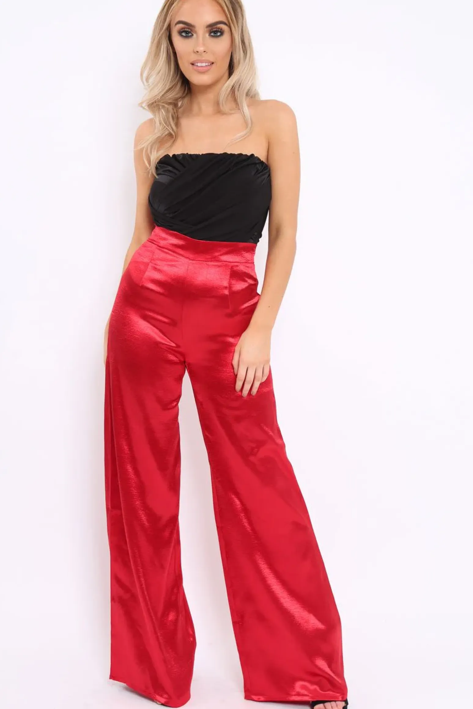 Rebellious Fashion Red Satin High Waist Flare Trousers -Tisha