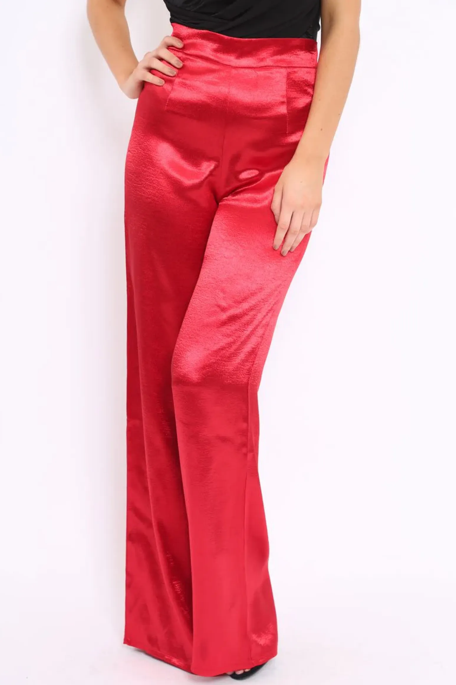 Rebellious Fashion Red Satin High Waist Flare Trousers -Tisha