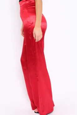 Rebellious Fashion Red Satin High Waist Flare Trousers -Tisha