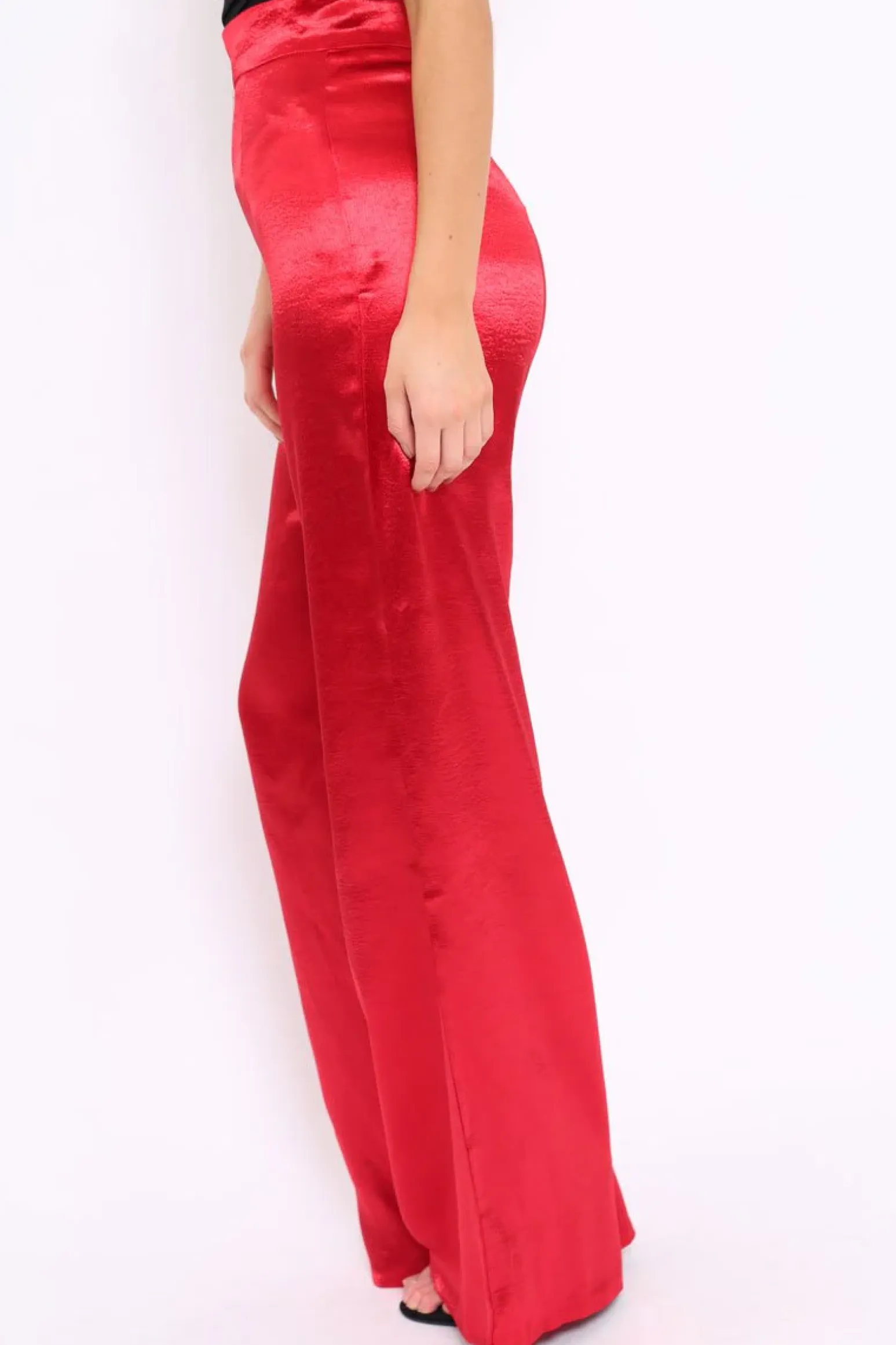 Rebellious Fashion Red Satin High Waist Flare Trousers -Tisha