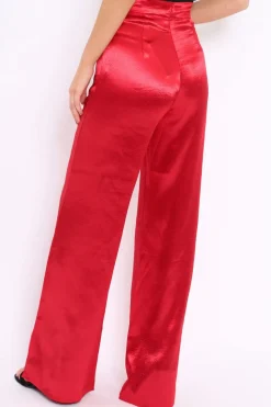 Rebellious Fashion Red Satin High Waist Flare Trousers -Tisha