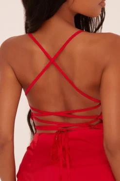 Rebellious Fashion Red Satin Lace Up Bodycon Mini Dress - Sira