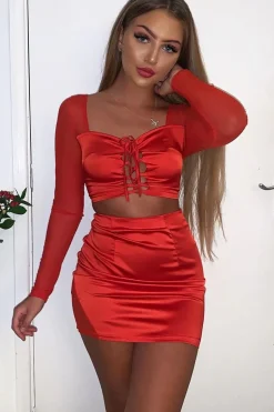 Rebellious Fashion Red Satin Mesh Lace Up Detail Co-Ord - Levi