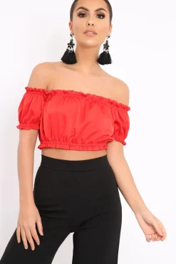 Rebellious Fashion Red Satin Ruched Bardot Gypsy Crop Top - Becky