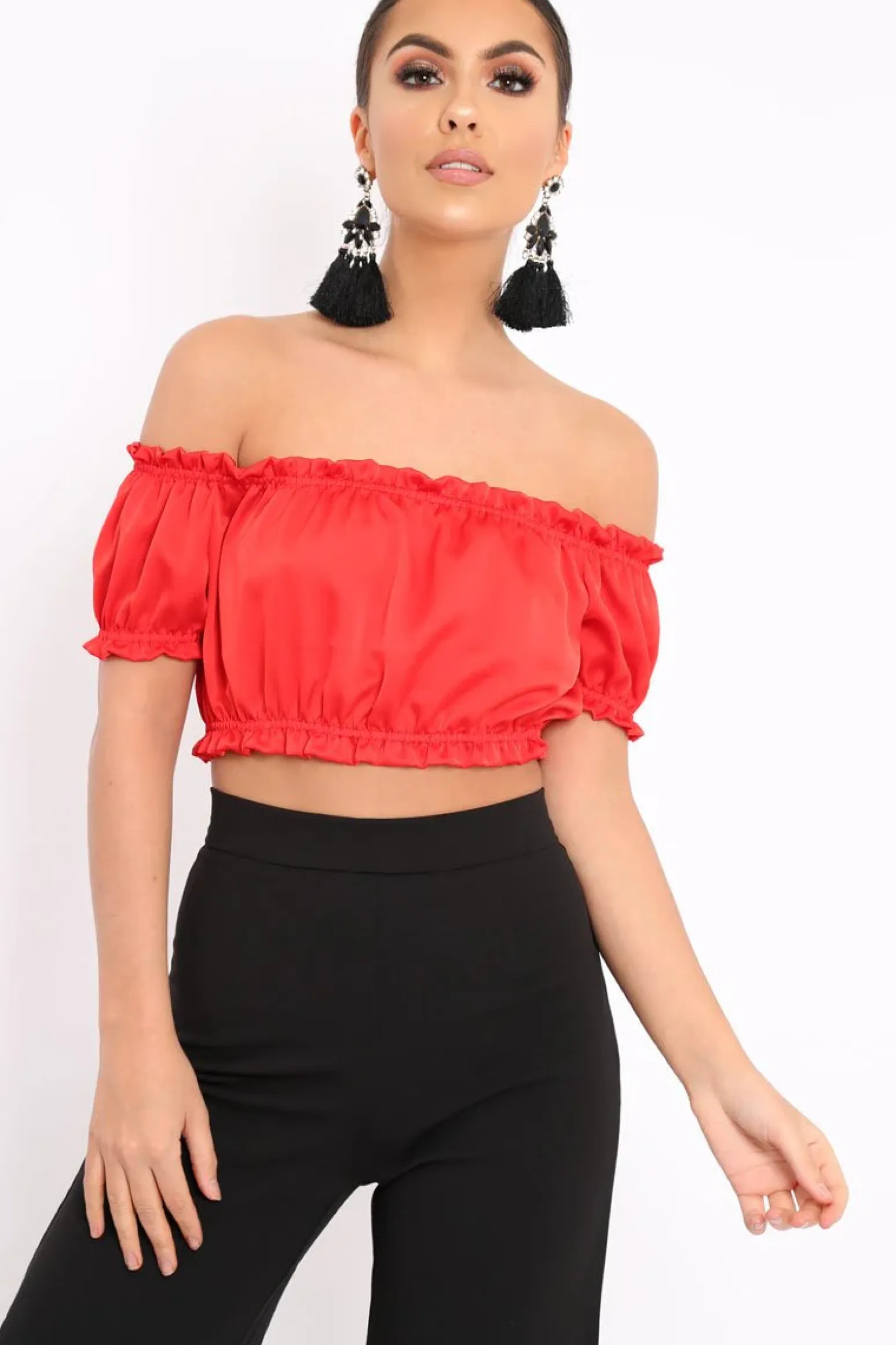 Rebellious Fashion Red Satin Ruched Bardot Gypsy Crop Top - Becky