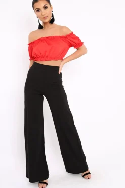 Rebellious Fashion Red Satin Ruched Bardot Gypsy Crop Top - Becky