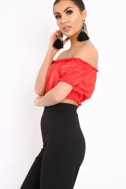 Rebellious Fashion Red Satin Ruched Bardot Gypsy Crop Top - Becky