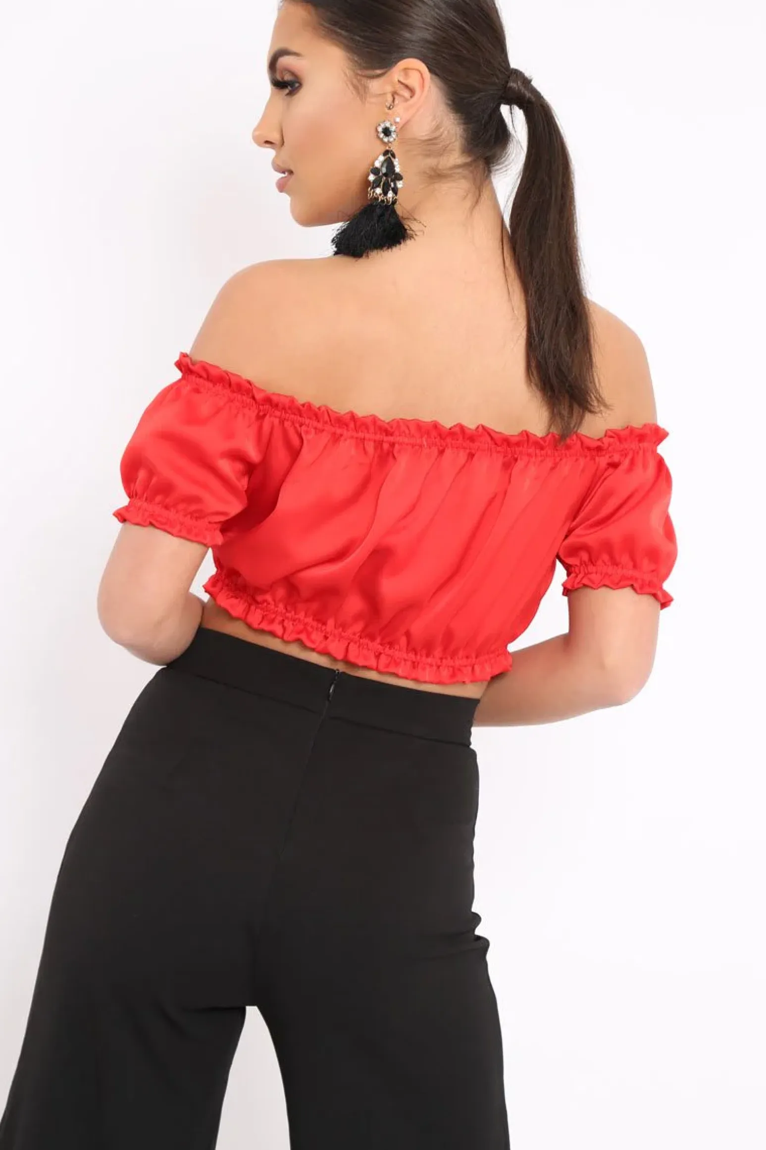 Rebellious Fashion Red Satin Ruched Bardot Gypsy Crop Top - Becky