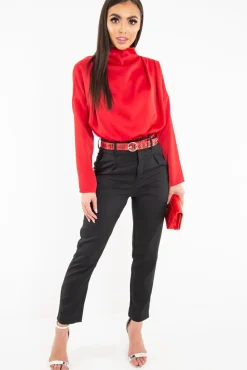 Rebellious Fashion Red Satin Shoulder Pad Shirred Waist Blouse - Farida