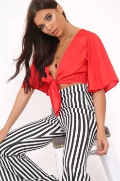 Rebellious Fashion Red Satin Tie Crop Top - Alara