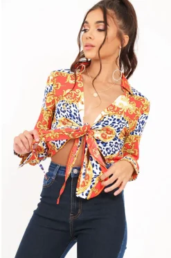 Rebellious Fashion Red Scarf Print Cropped Tie Front Shirt - Kaly
