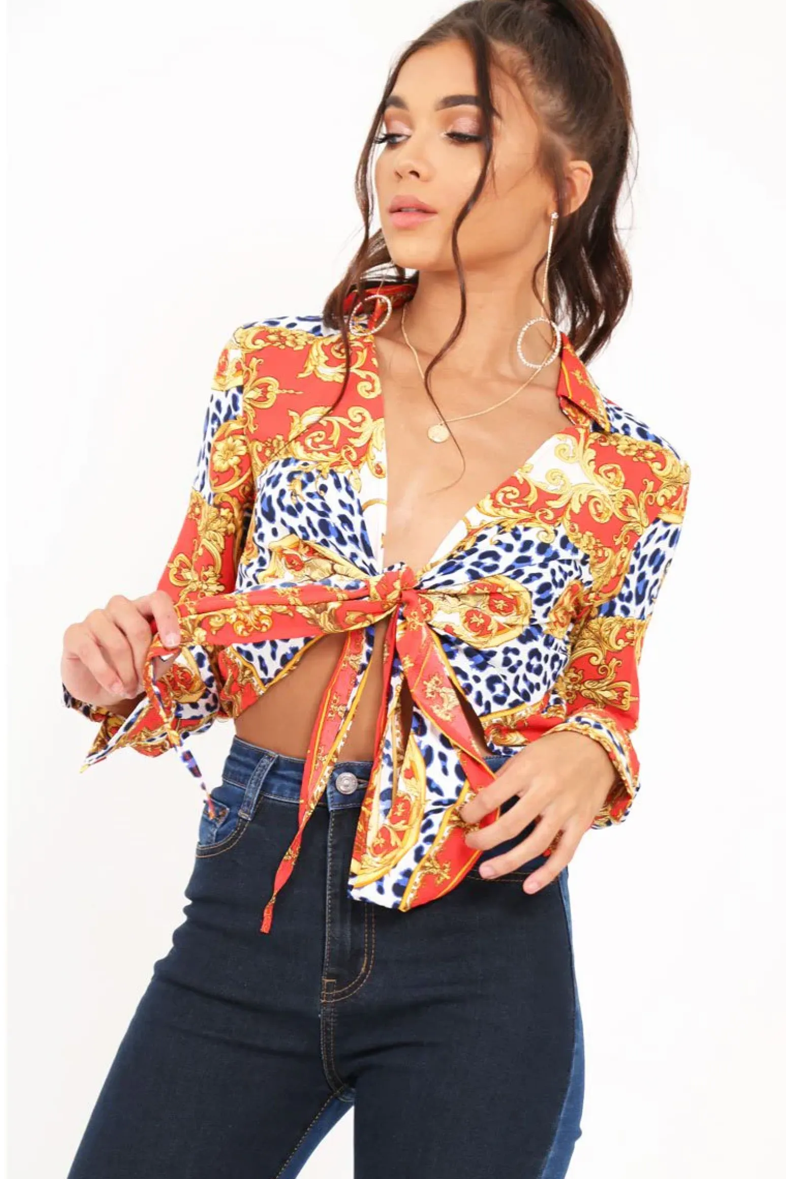 Rebellious Fashion Red Scarf Print Cropped Tie Front Shirt - Kaly