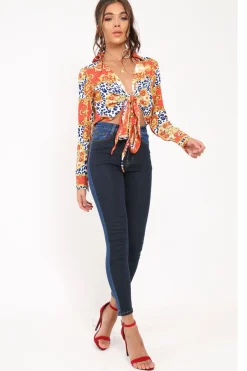 Rebellious Fashion Red Scarf Print Cropped Tie Front Shirt - Kaly