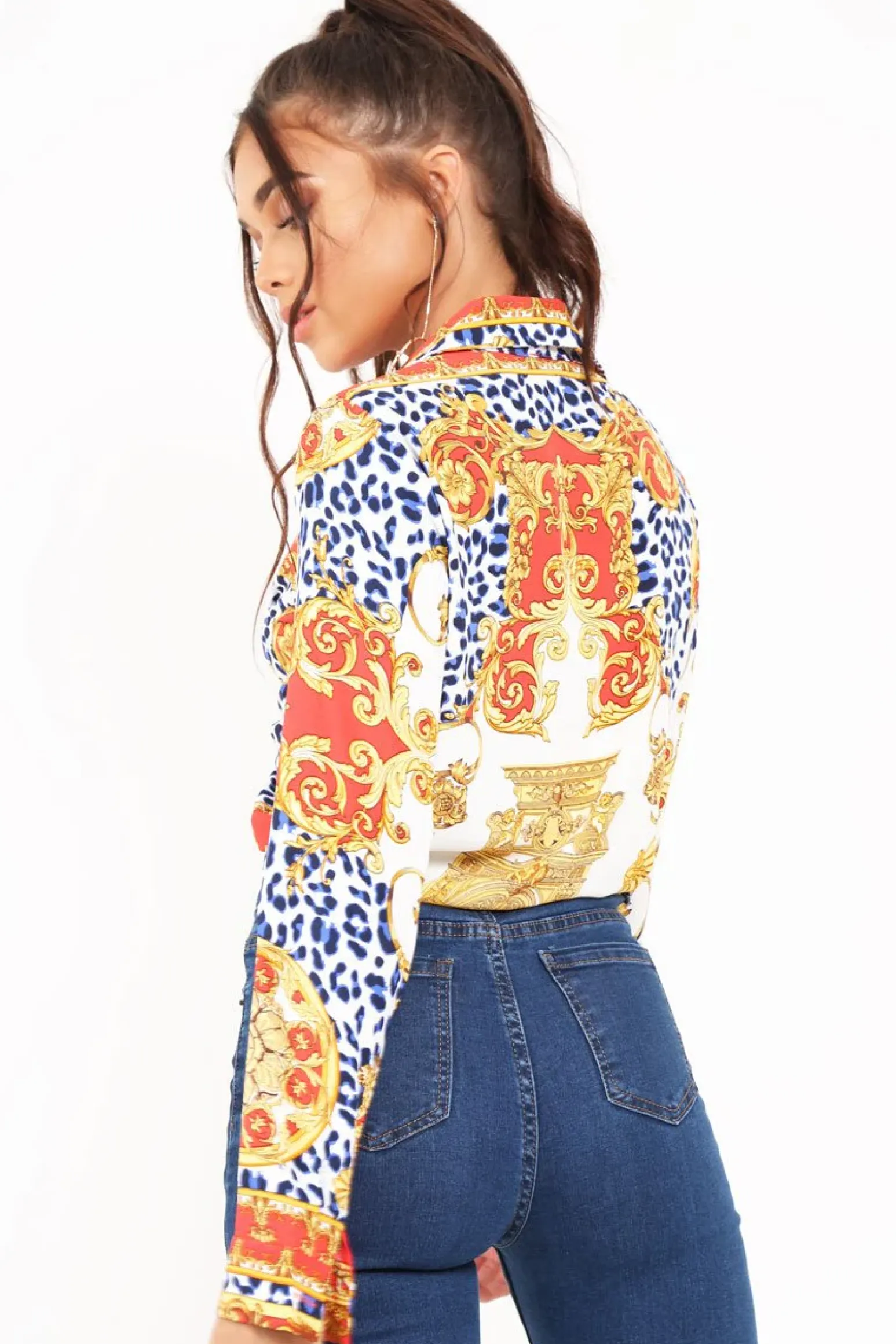 Rebellious Fashion Red Scarf Print Cropped Tie Front Shirt - Kaly