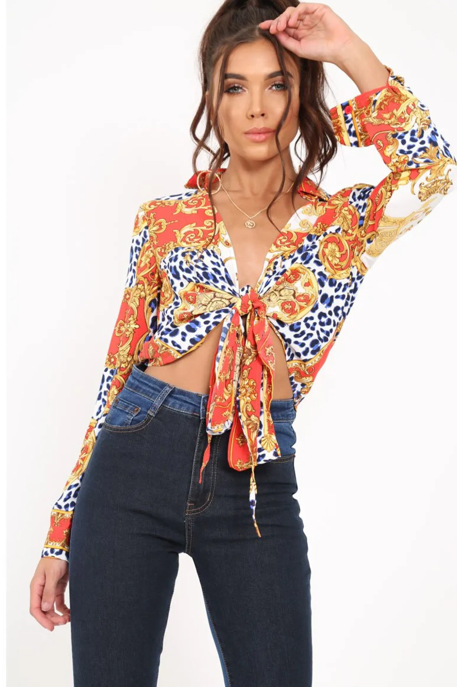 Rebellious Fashion Red Scarf Print Cropped Tie Front Shirt - Kaly