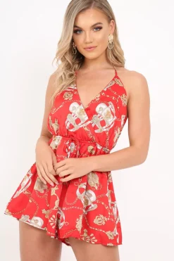 Rebellious Fashion Red Scarf Print Halterneck Playsuit - Jamya