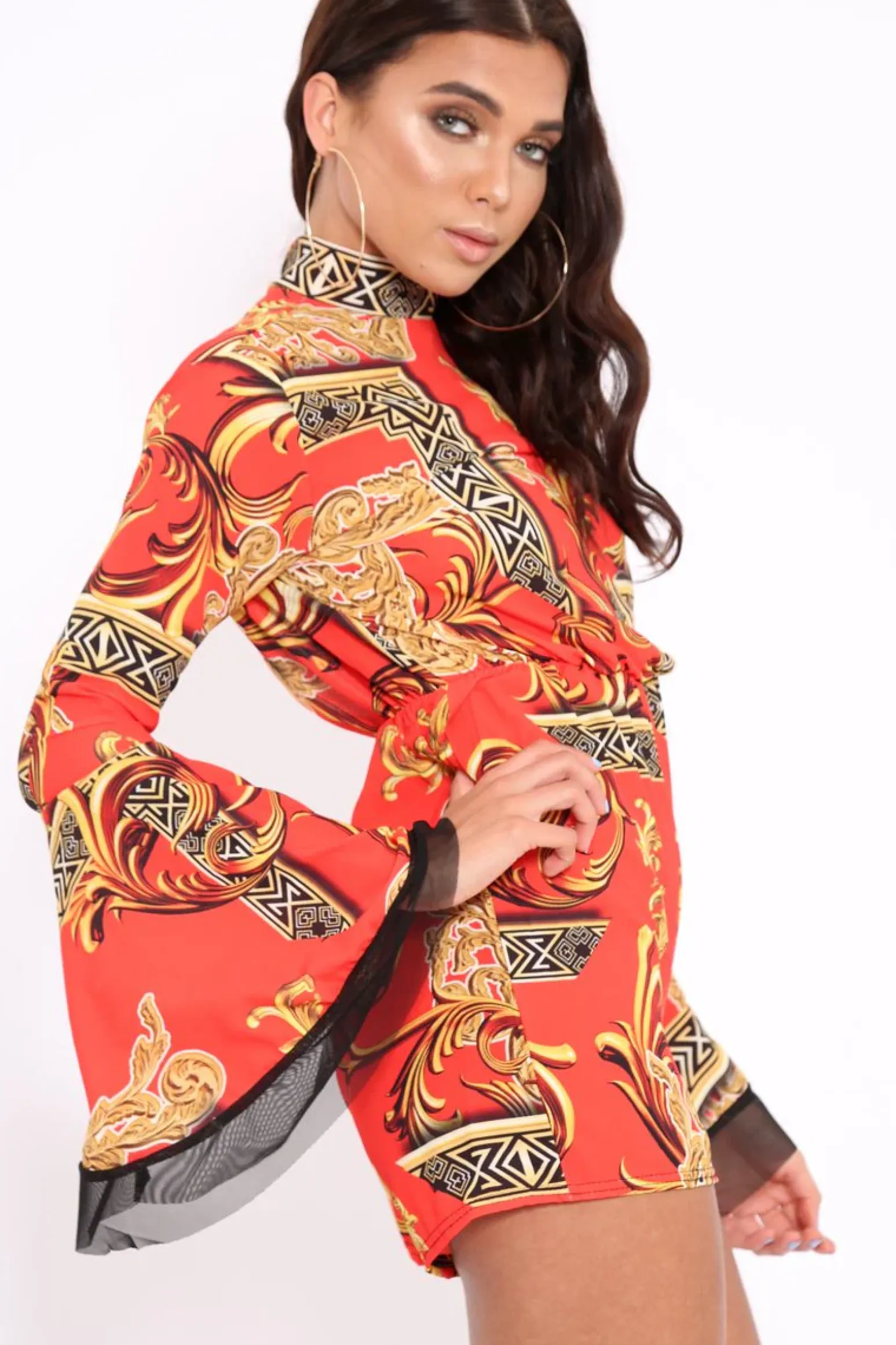 Rebellious Fashion Red Scarf Print Open Back Playsuit - Cassia
