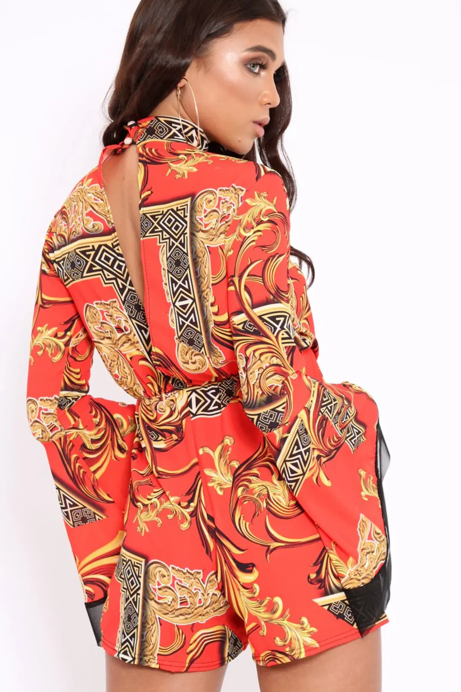Rebellious Fashion Red Scarf Print Open Back Playsuit - Cassia