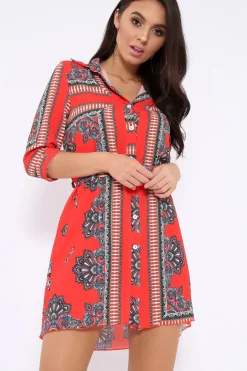 Rebellious Fashion Red Scarf Print Shirt Dress - Kyah
