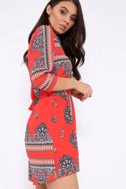 Rebellious Fashion Red Scarf Print Shirt Dress - Kyah