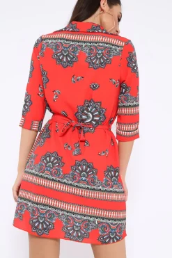 Rebellious Fashion Red Scarf Print Shirt Dress - Kyah