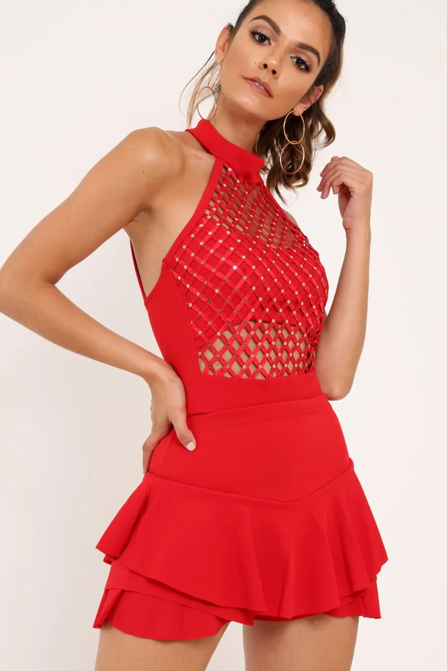 Rebellious Fashion Red Sequin Caged Halterneck Bodysuit - Aanvi