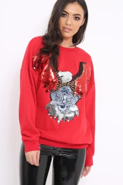 Rebellious Fashion Red Sequin Embellished Rock Eagle Slogan Sweatshirt - Zaria