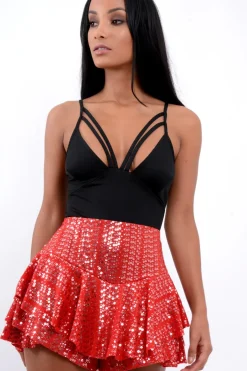 Rebellious Fashion Red Sequin Frill High Waisted Shorts - Kaden