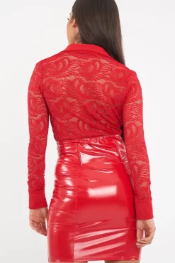 Rebellious Fashion Red Sheer Lace Plunge Long Sleeve Bodysuit - Janica