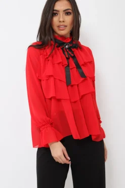 Rebellious Fashion Red Sheer Ruffle Blouse with Striped Neck Tie - Viktoria