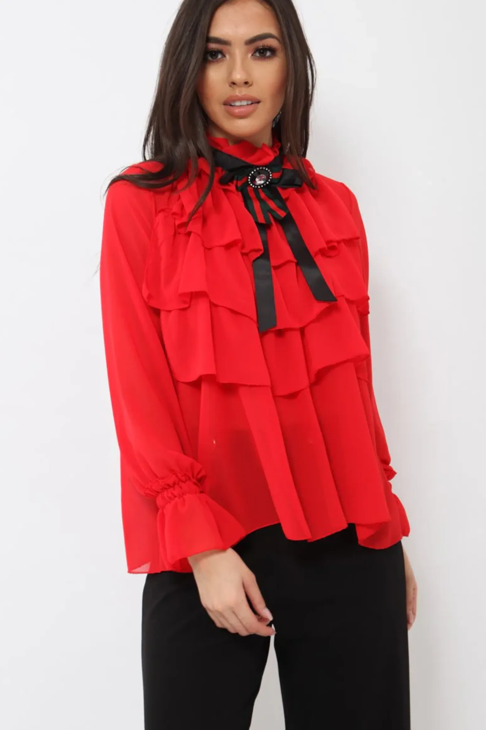 Rebellious Fashion Red Sheer Ruffle Blouse with Striped Neck Tie - Viktoria